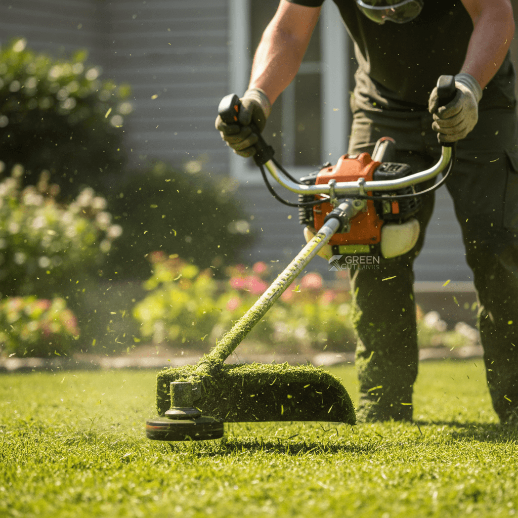 Close-up of hands in work gloves trimming the edge of a well-maintained green lawn