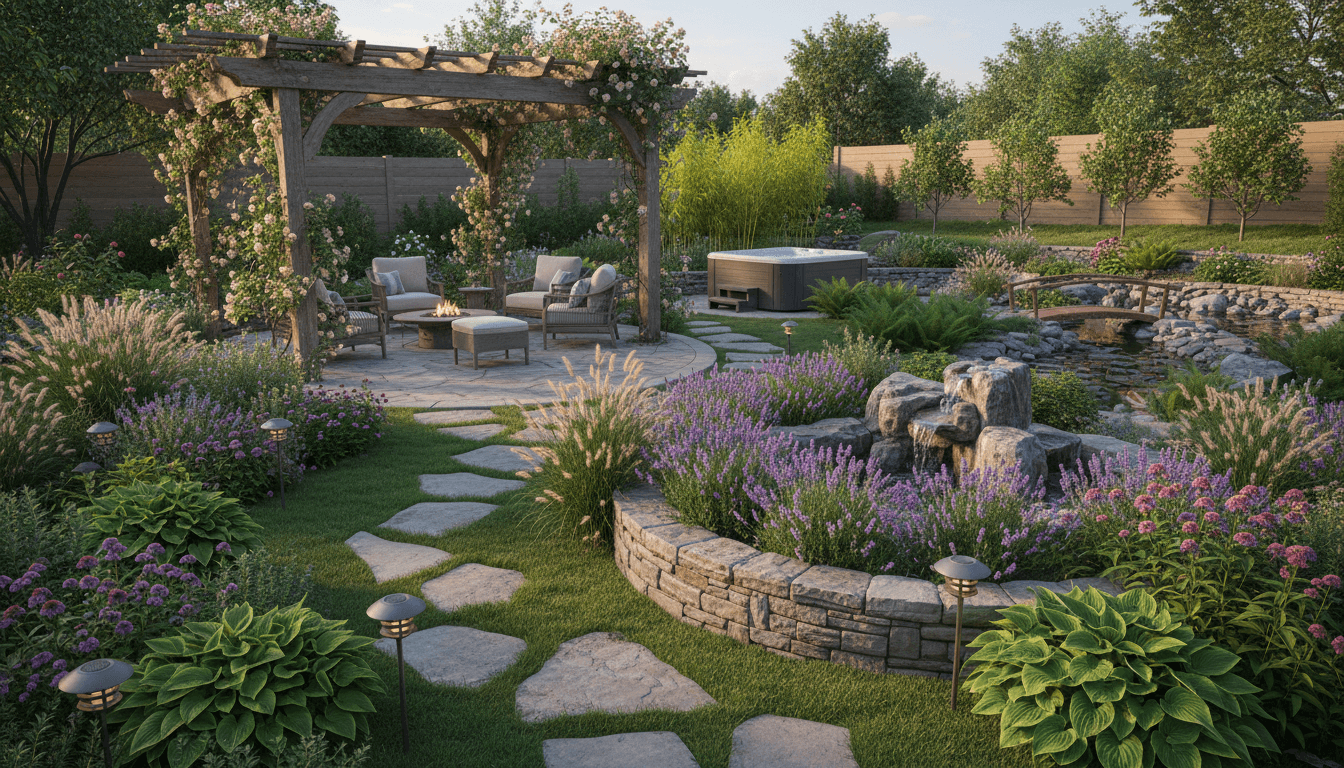 A tidy Toronto backyard garden with fresh mulch, trimmed shrubs, and neat flower beds