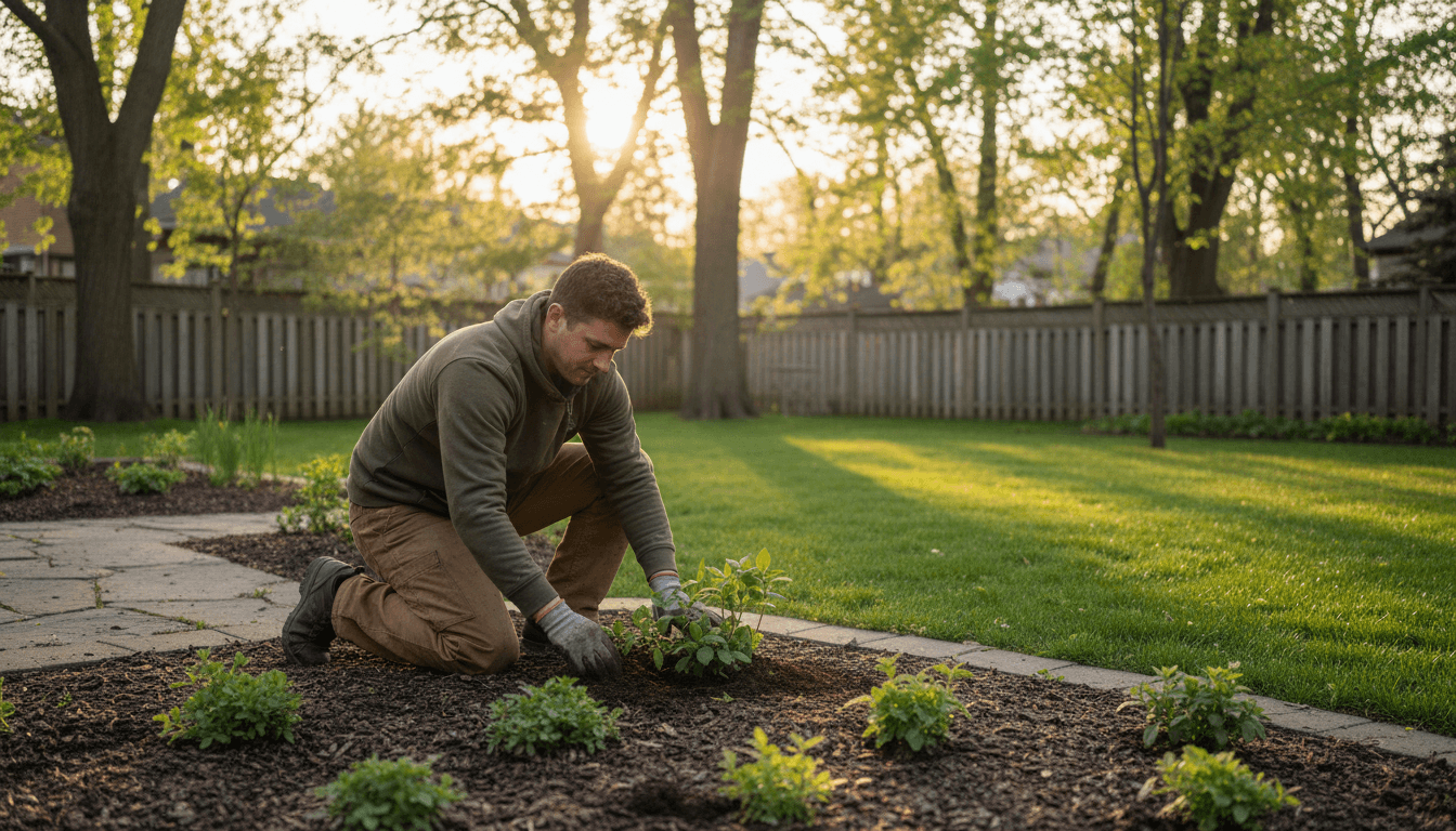 Landscaper tending a flower bed in a Toronto backyard at golden hour
