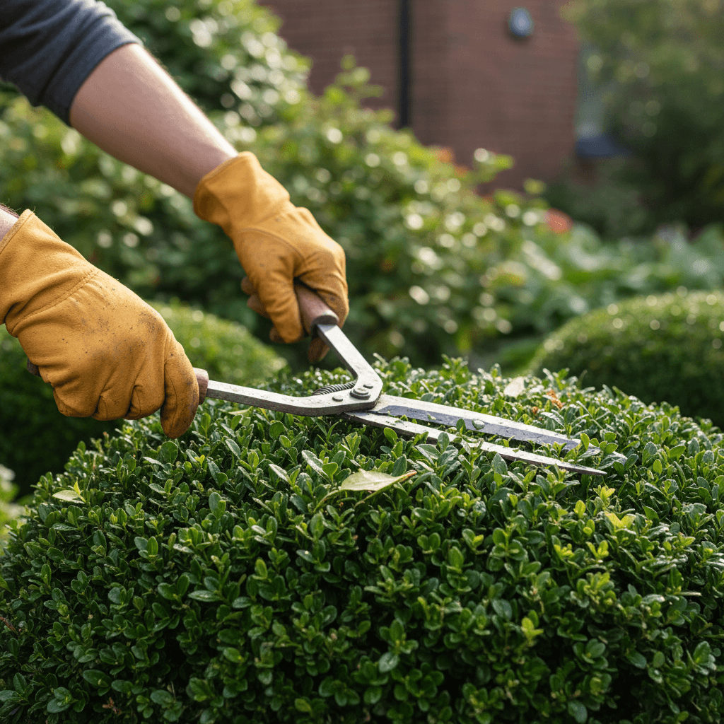 Gloved hands trimming boxwood hedges with pruning shears
