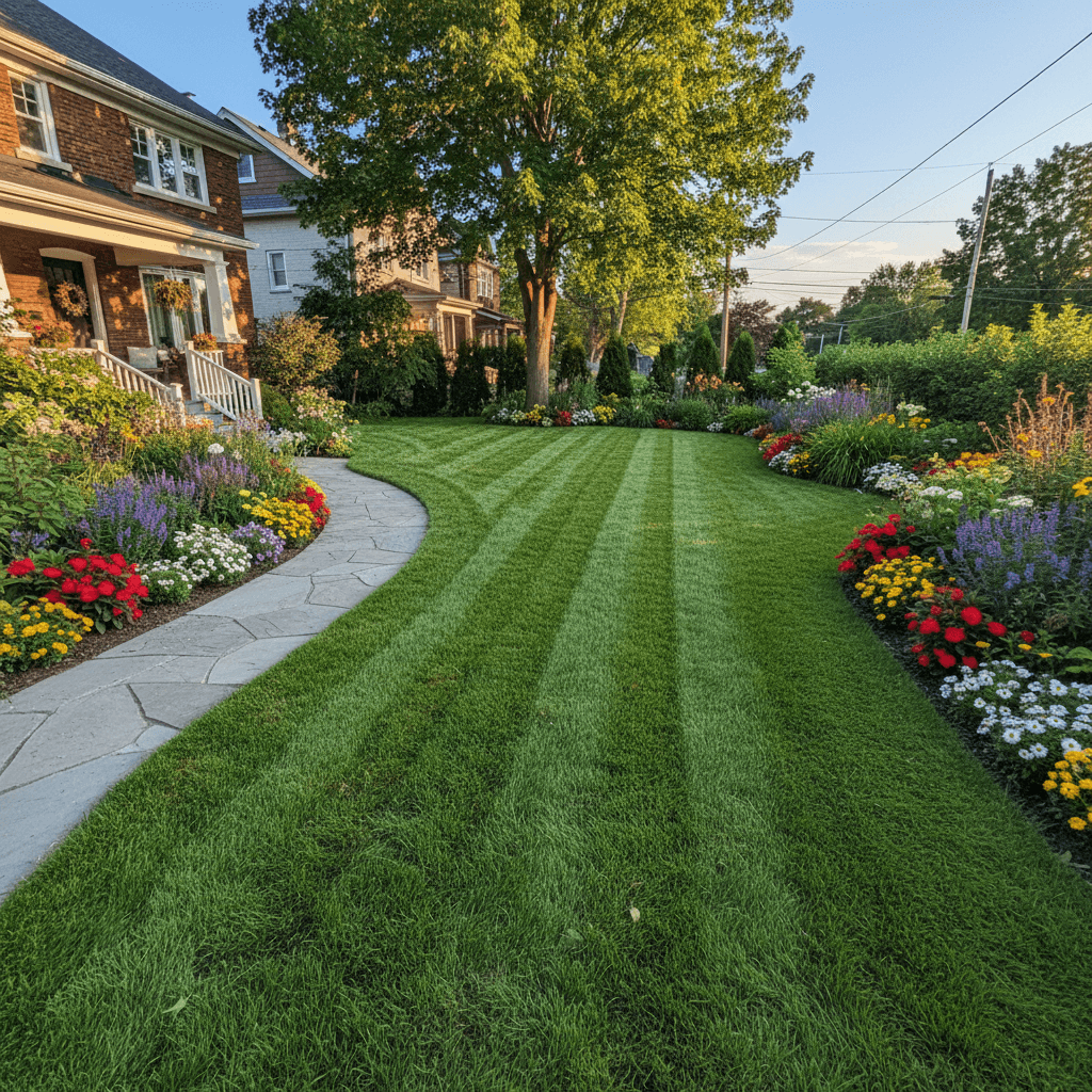 Freshly mowed lawn with crisp edges along a garden path