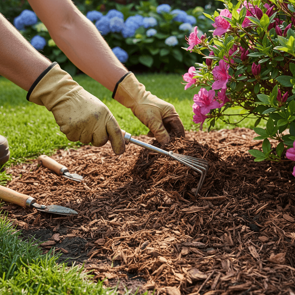 Gardener's hands in work gloves pulling weeds from a garden bed