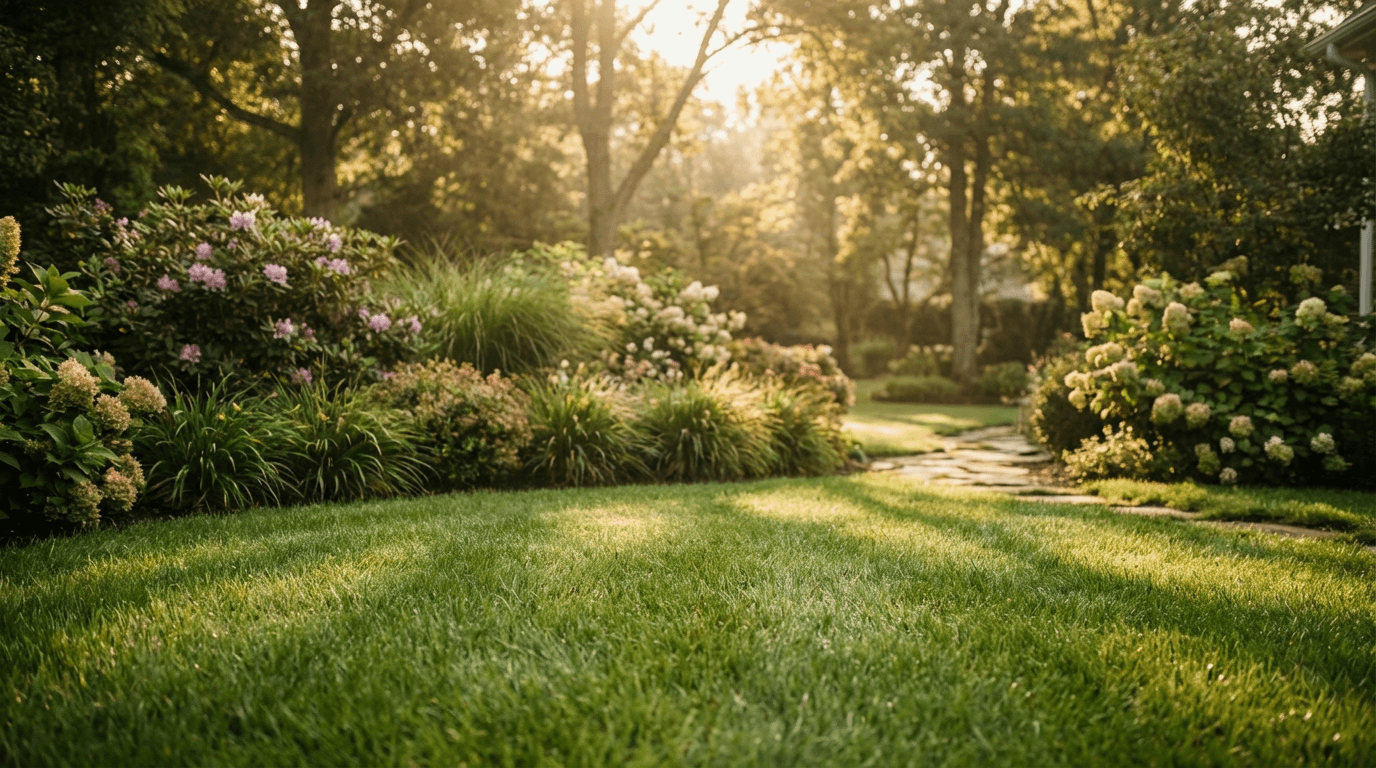 Well-maintained garden in Toronto with a gardener tending to flower beds