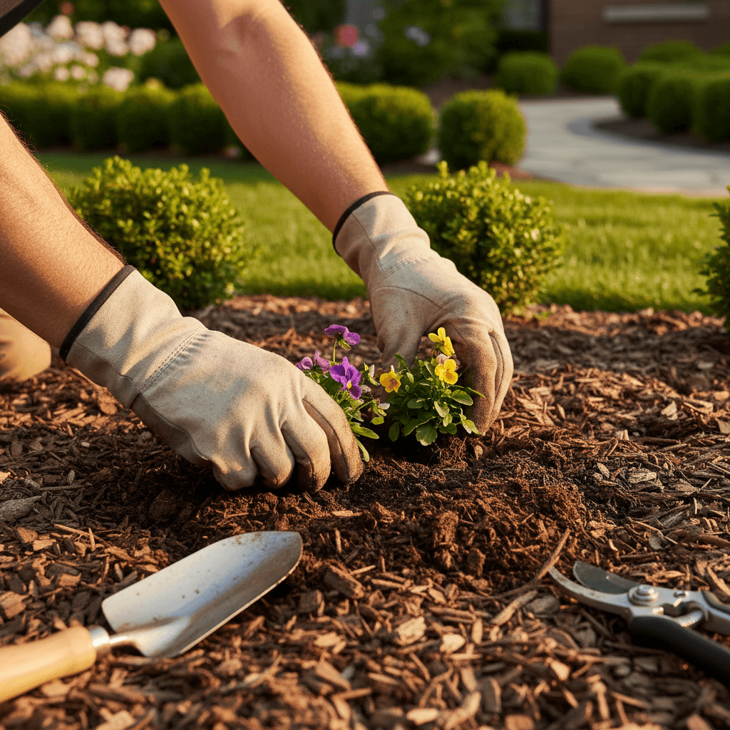 Landscaper planting flowers in a well-kept Toronto garden at golden hour