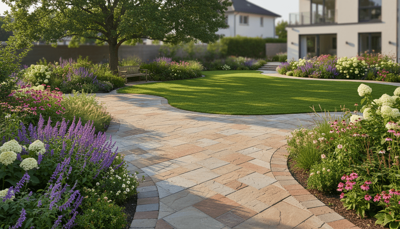 Completed backyard patio with garden beds