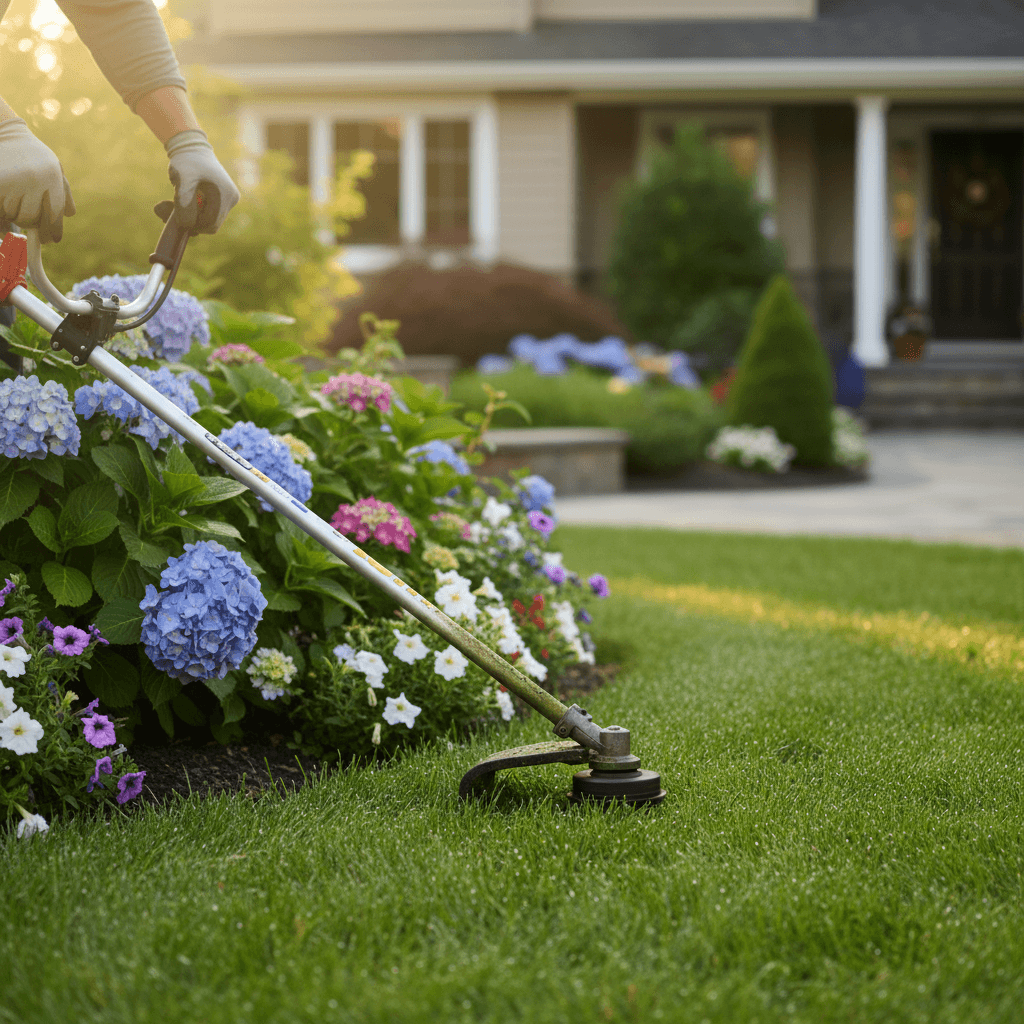 Landscaper trimming a garden bed edge on a Toronto lawn