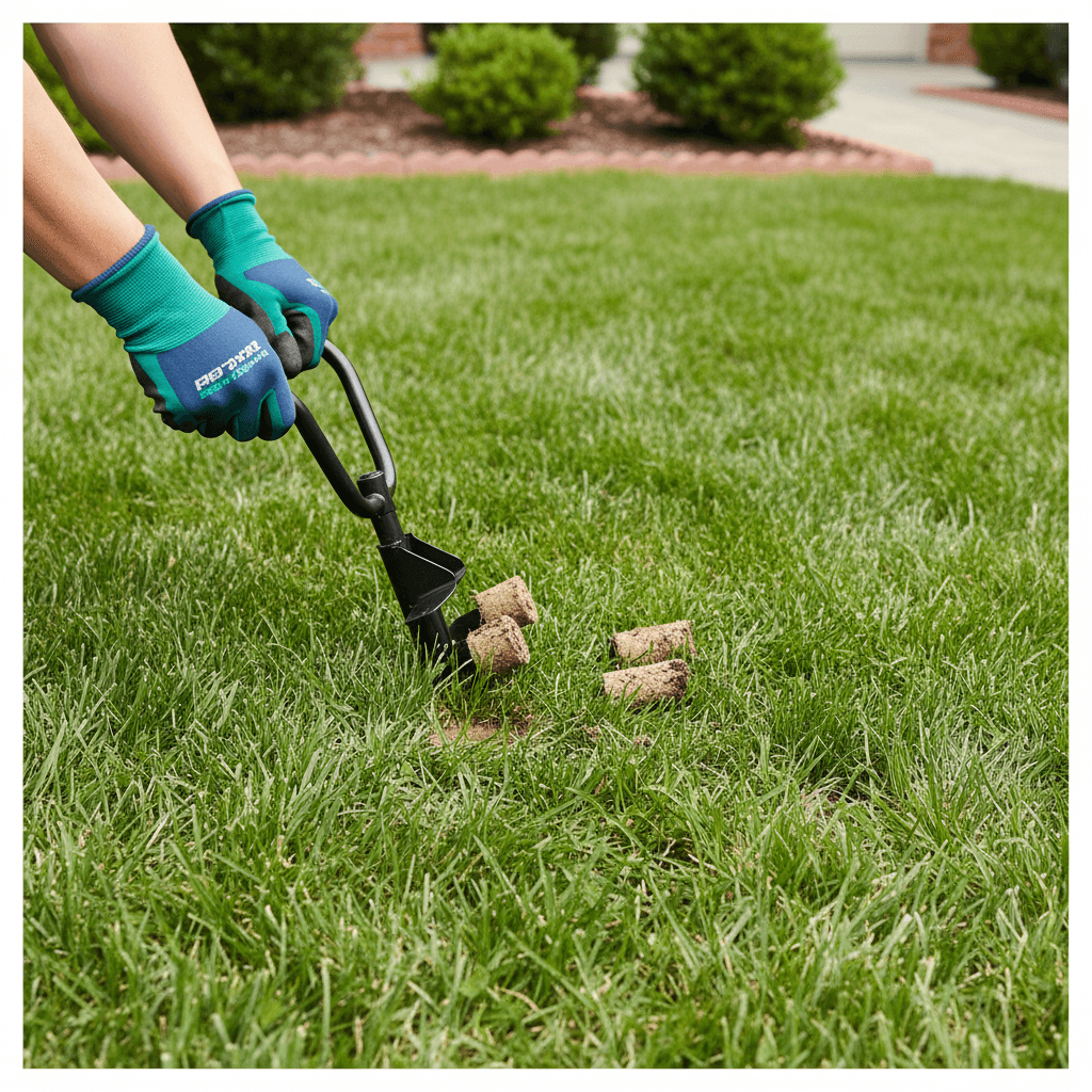 Gardener operating a core aerator on a residential lawn