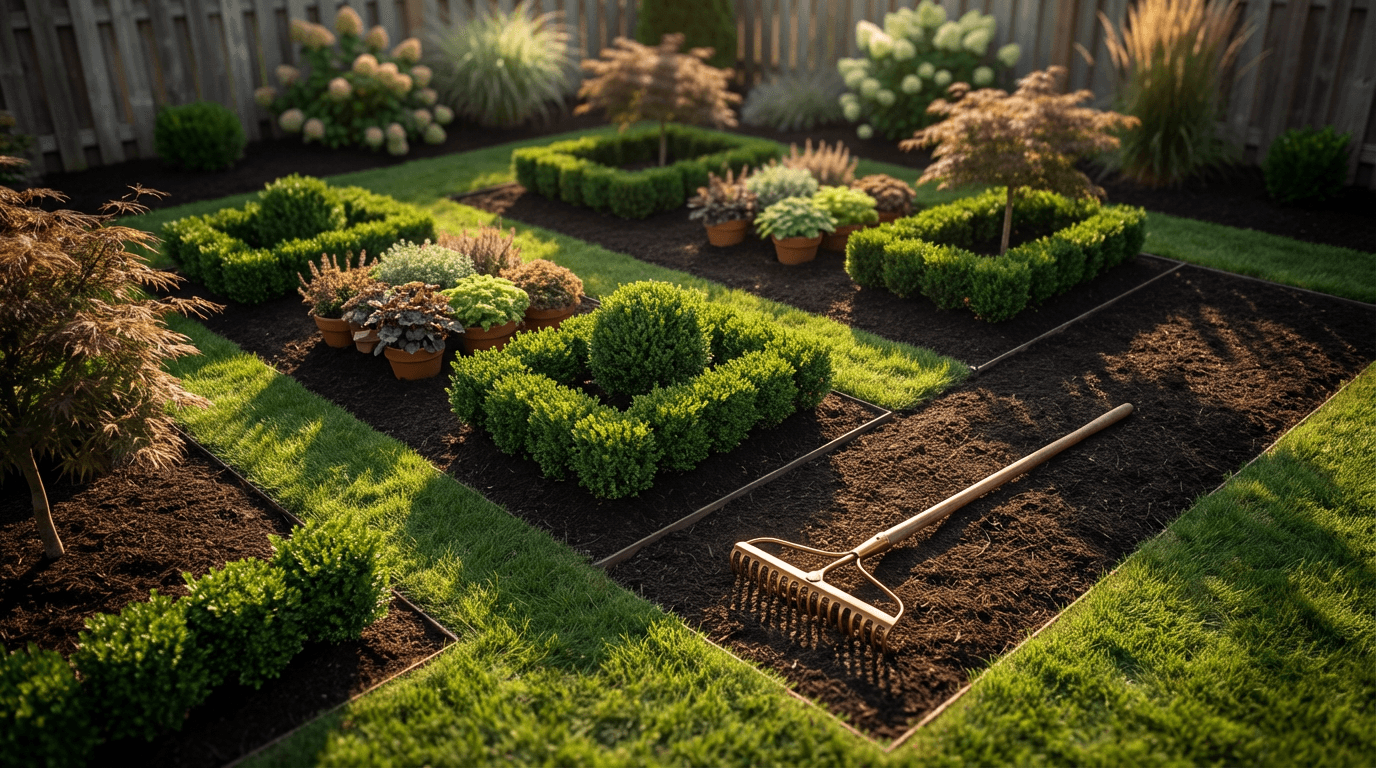 Well-maintained Toronto backyard with striped lawn and trimmed hedges
