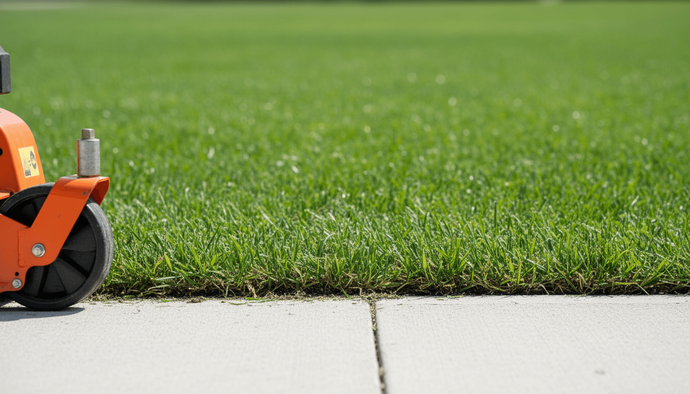 Freshly mowed lawn with a clean edge line along a garden bed