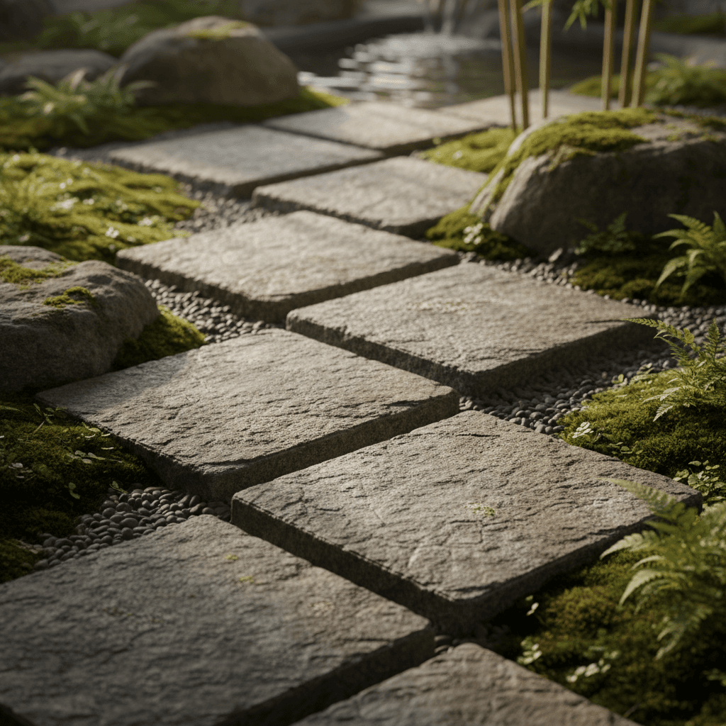 Stone garden path bordered by hostas