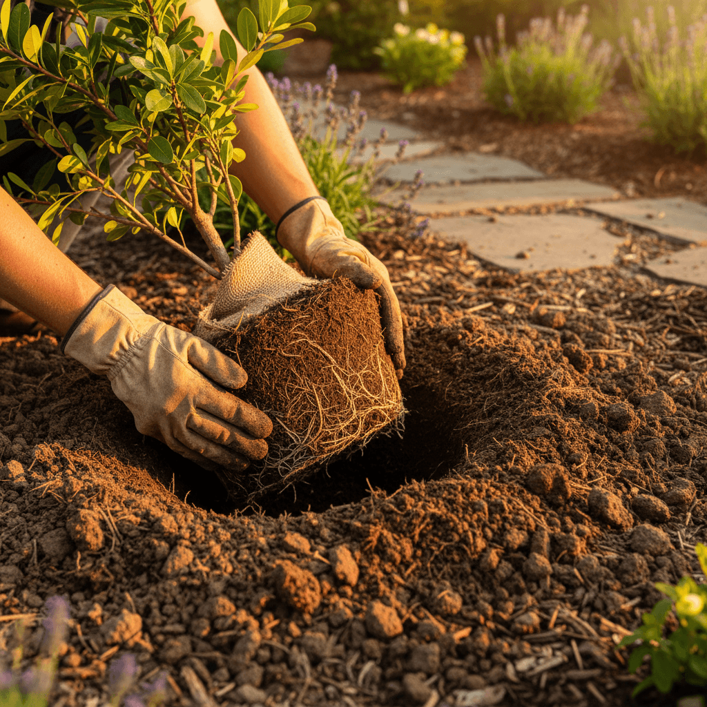 Landscaping crew member planting a shrub in a Toronto garden
