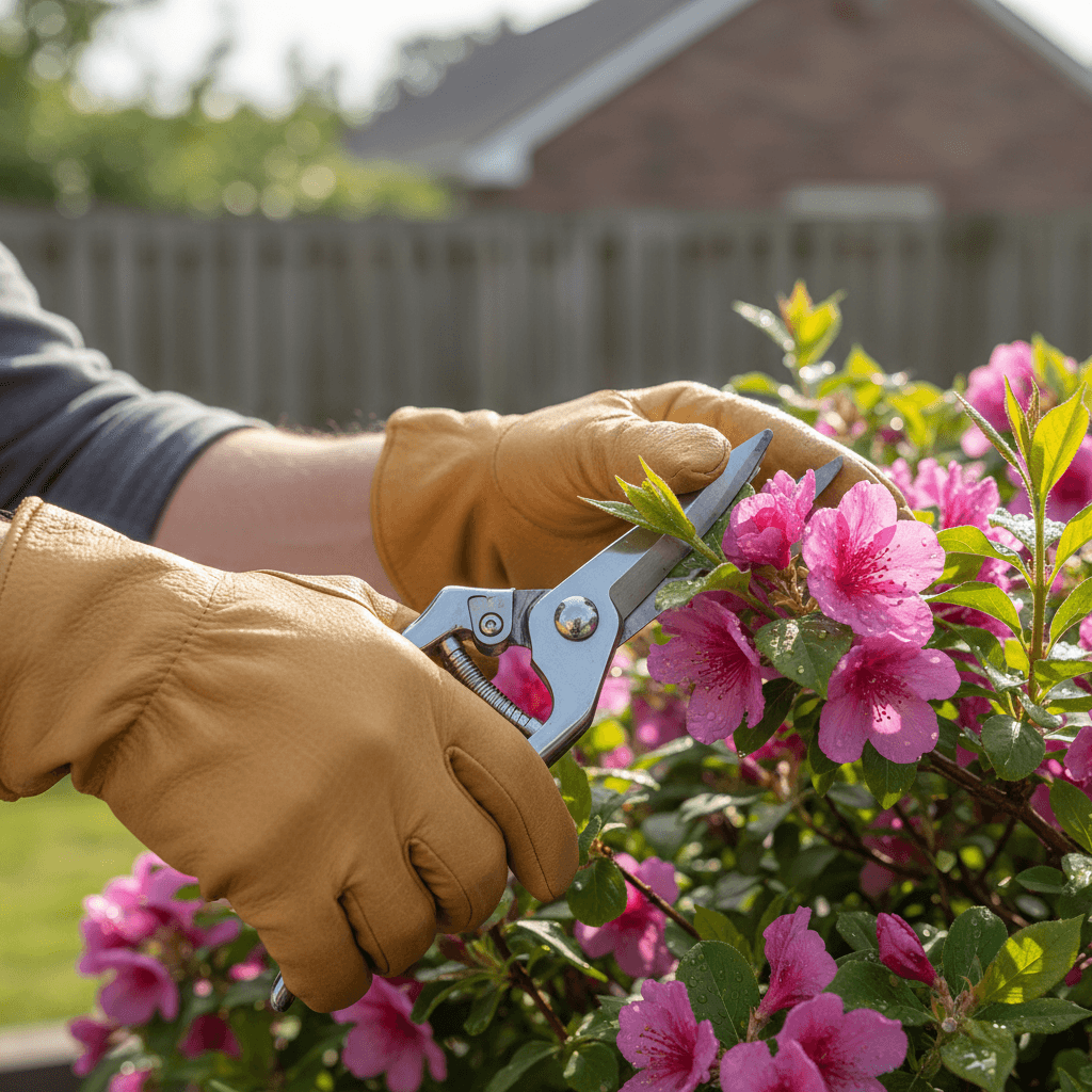 Gardener with pruners tending a flower bed